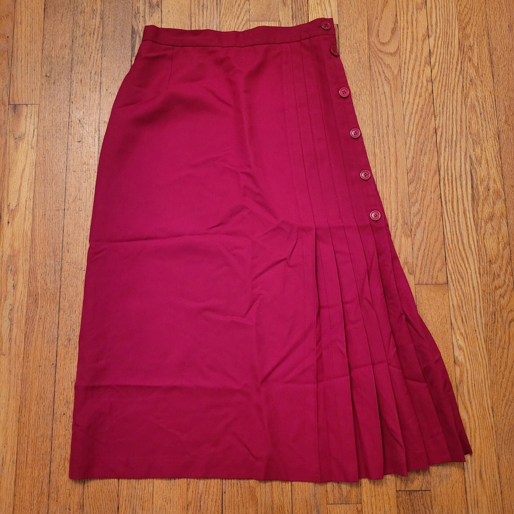 Chaus 12 Long Skirt Red Wool Blend Side Button Pleated Vintage 90s Twee Academia